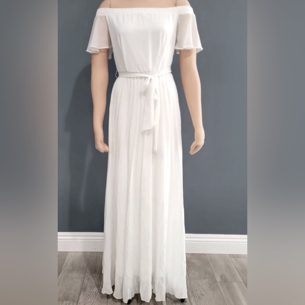 BISOU BISOU white chiffon off the shoulder pleated maxi dress size 6